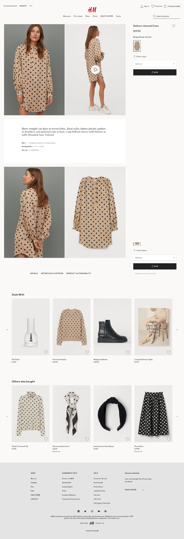 H&M example of a short landing page
