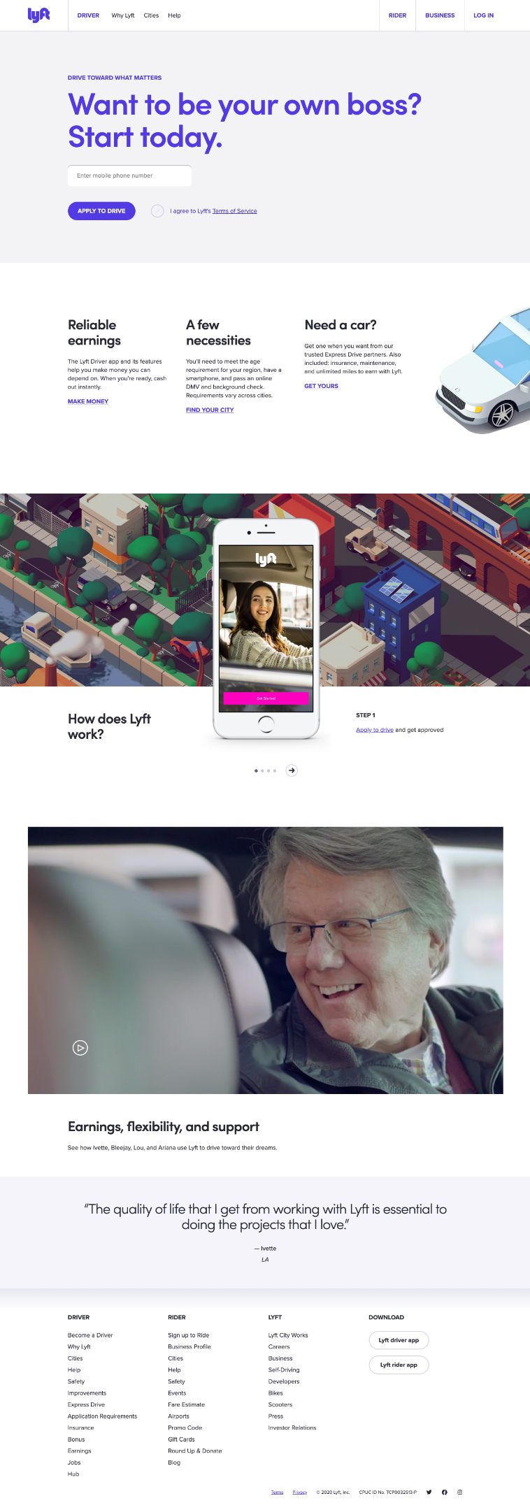 Example from Lyft, an app that uses a shorter landing page