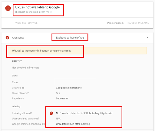 Indexability issue shown through Google Search Console 
